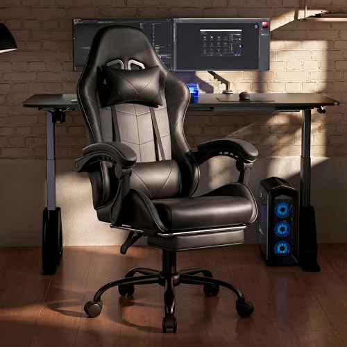 Image of Gaming Chair, Ergonomic Computer Chair with Footrest and Lumbar Support, Height Adjustable Office Chair with 360 Swivel Seat and Headrest (Black)