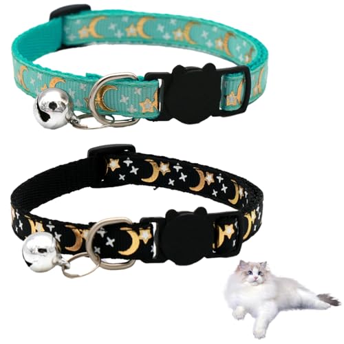Pack de 2 Collar Gato con Cierre de Seguridad,Reflectante Ajustable Collar Gato,Collars Gatos Personalizado,Collars para Gatitos con Cascabel y Diseño de Estrella y Luna