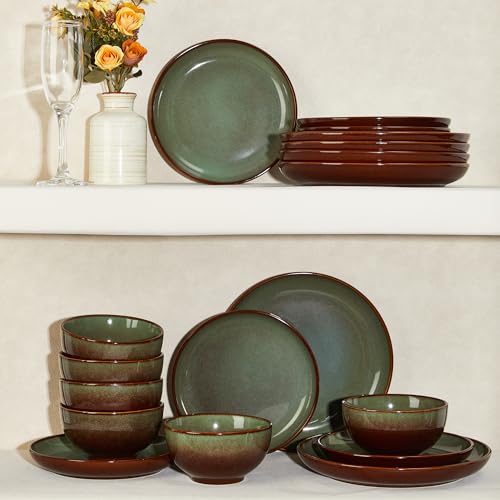 Image of Pokini Stoneware Dinnerware Sets Service for 12, 36 pcs Reactive Glaze Plates and Bowls Sets, Handmade Ceramic Dish Set, Highly Chip and Crack Resistant Modern Plate Set, Brown Green