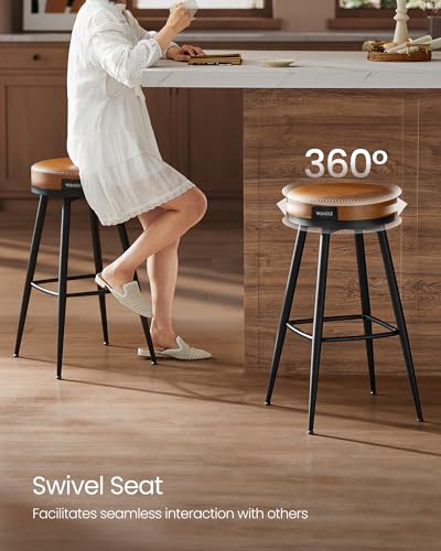 VASAGLE-EKHO-Collection-Swivel-Bar-Stools-Set-of-2-Counter-Height-Backless-Bar-Stools-Synthetic-Leather-with-Stitching-Mid-Century-Modern-256-Inch-Tall-Kitchen-Barstools-for-Home-Caramel-Brown VASAGLE EKHO Collection Swivel Bar Stools Set of 2 Counter Height Backless Bar Stools Synthetic Leather with Stitching Mid Century Modern 256 Inch Tall Kitchen Barstools for Home Caramel Brown