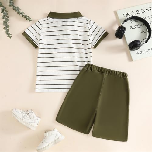 Image of Toddler Kid Boy Clothes Textured Striped Polo Collar Top Summer Shorts 2PC Summer Outfit Set