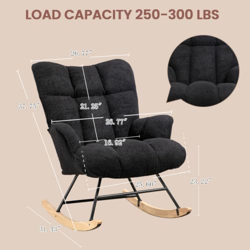 Image of SAETSFEG Rocking Chair Nursery Teddy Upholstered Glider Rocker Rocking Accent Chair Padded Seat with High Backrest Armchair Comfy Side Chair for Living Room Bedroom Offices (Black Teddy)