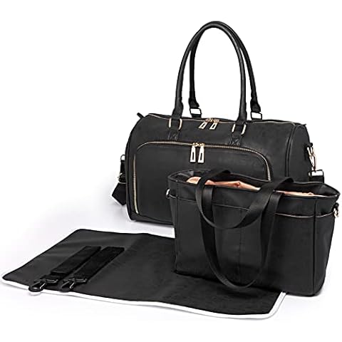Miss Lulu Baby Nappy Diaper Changing Bag Set Large Shoulder PU Leather Handbag,Changing Mat, Removable Tote and 2 Strap (Black) Cover