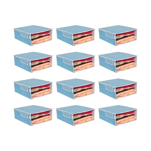Image of PRETTY KRAFTS Stackable Fabric Saree Storage Organizer for wardrobe, Clear front window with Lid, Stackable organizers, Perfect to organize sarees in a wardrobe, Set of 12, JuteBlue