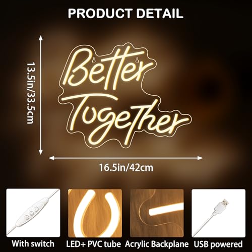 Looklight Better Together Neon Sign,Neon Light for Wall Decor,Wedding Neon Sign,Warm White Led Neon Light USB Letters Neon Signs Led Signs for Wedding,Engagement Party,Birthday