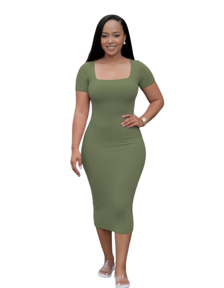 Image of TOPSRANI Women Sexy Midi Dress Bodycon Casual Sleeveless Basic Ruched Tank Summer Club Party Dresses