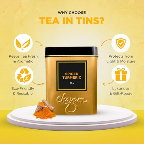 Image of CHAYAM Spiced Turmeric Herbal Infusion | 50g Loose Herbal Tisane with Turmeric, Clove, Ginger, Lemongrass, Black Pepper & Bergamot Flavour | Detox & Immunity Boost | Premium Reusable Tin | 100% Ayurvedic Blend
