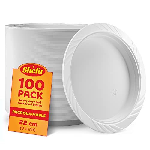Shefa 100 White Plates Reusable & Washable Heavy Duty Dinnerware Microwave-Safe Crockery - Ideal for Birthday Parties Camping Catering (9 inch Plates White)