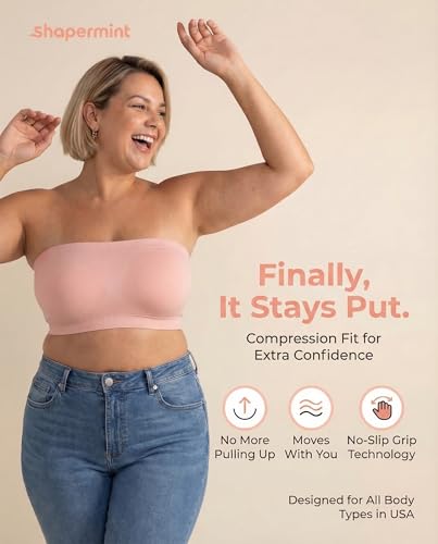 Image of SHAPERMINT Strapless Bra, Wireless Non-Slip Bandeau, Convertible Straps, Molded Strapless Bras for Women S to Large Breasts
