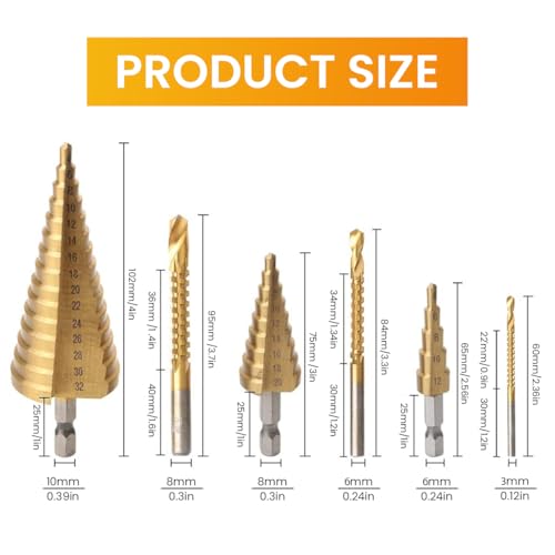 Image of Serplex 6PCS Step Drill Bits Set, Included 3 Sizes of Step Drill Bits and 3 Sizes of Twist Drilling Bit for Hole Drilling Metalworking Woodworking, with Plastic Storage Box, Stepped Up Bit for DIY