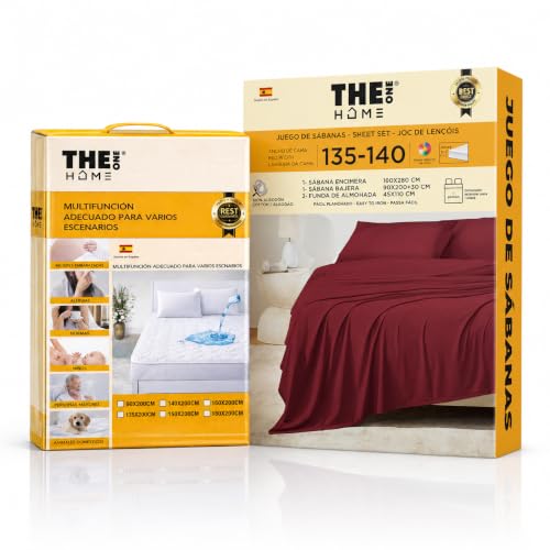 The one home Pack Cama 180 | Juego de Sábanas 4 Piezas 100% Algodón Puro + Protector de Colchón Impermeable Acolchado Onda | Cama 180x190/200 cm | Transpirable, Silencioso, Ajuste