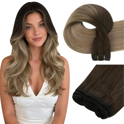 Image of Easyouth Weft Hair Extensions Human Hair Ombre Invisible Hair Extensions Sew in Dark Brown Ombre To Chestnut Brown Mix Ash Blonde Sew in Weft Hair Extension Human Hair 18 Inch 100G