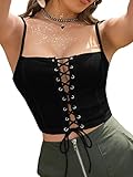 Verdusa Women's Lace Up Front Slit Hem Sleeveless Ribbed Crop Cami Top Rib Black M