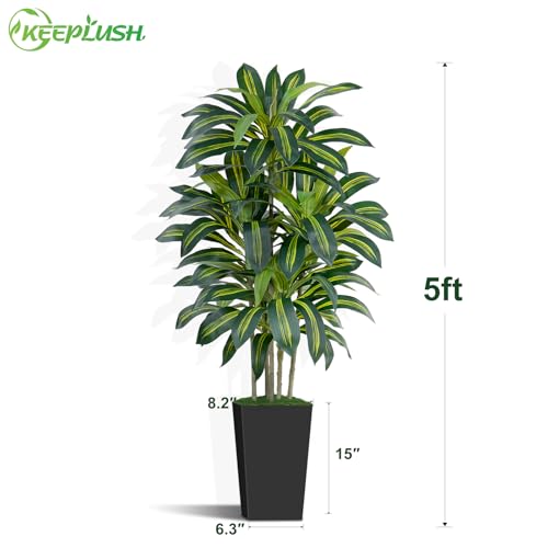 Image of 5FT Artificial Dracaena Tree - High-Density Foliage Fake Plant with Black Tall Planter - Faux Yucca Floor Plant for Home Office Decor Indoor