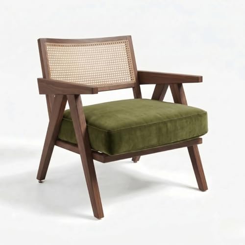 Image of Kingsman Furnitures ABEL Rattan Teak Wood Accent Arm Chair for Home Bedroom, Living, Dining, Drawing Room | Ultra Soft and Comfortable for Stress Free | Removable Cushion (Walnut Olive Green)