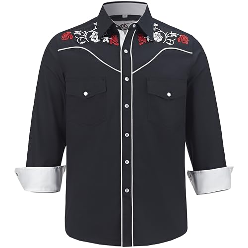 COEVALS CLUB Mens Cowboy Western Shirts Embroidered Cotton Long Sleeve Pearl Snap Button Up Shirt with Chest Pockets