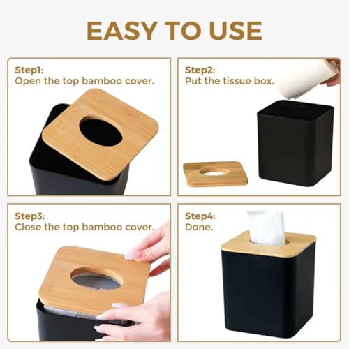 KALEKAIL Tissue Box Cover, Black Tissue Holder with Bamboo lid, Cube Decorative Tissue Box Cover Square for Bathrooms Set of 2 by KALEKAIL - Used condition - Image 4