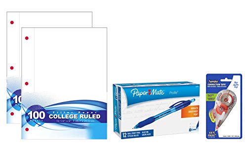 Paper Mate Blue Profile Retractable Ballpoint Pens 12 count | Loose Leaf Paper, Filler Paper, College Ruled, 100 Sheets, 2 Pack | Correction Tape White Out 1 Pack
