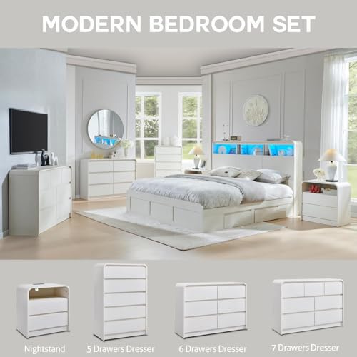 Image of Aitjunz 25 inch Tall Modern Nightstand with Charging Station, 23.6'' Wide Wood Bedside Table w /2 Storage Drawers, Large Mid Century End Table for Bedroom, Living Room, Curved Profile Design, White
