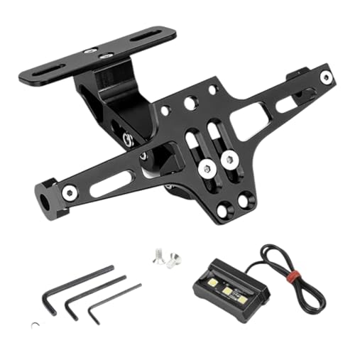 Support de plaque moto réglable alu CNC noir anti-vibration lumière LED universel