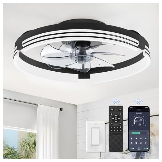 ZMISHIBO Low Profile Ceiling Fans with Lights and Remote, 20 Inch Flush Mount Ceiling Fan with Light, 3000K-6000K Dimmable Fandelier LED Fan Light, 6 Wind Speeds Black Ceiling Fans for Bedroom