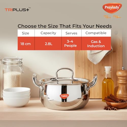 Image of Praylady Triplus+ Pro Belly Triply Handi | 18 cm 2.8 L | Belly Shape Cook & Serve Casserole | Induction Gas Ready | Biryani Rice Dal Curry Pot | Stock Pot | Stainless Steel Lid | Less Oil | Even Heat