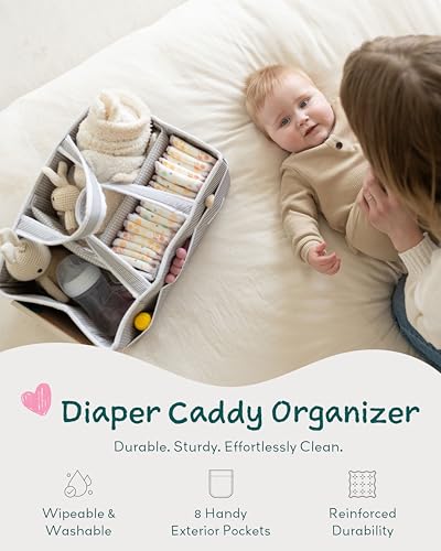 Image of Lily Miles Baby Diaper Caddy Organizer, Baby Shower Basket for Newborn Boys or Girls, Nursery Must Haves for New Mom, Registry Favorites, Large Storage Tote for Changing Table or Car, Gray