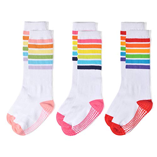 Image of Epeius Baby Girl Rainbow Striped Knee High Socks Non-Skid Uniform Tube Stockings for Infant,Toddler and Child