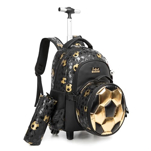 Meetbelify Rolling Backpack with Wheels for Boys Rolling Backpacks with Lunch Box Pencil Case for Elementary Students Kids Football Luggage Travel Suitcase for Boys 6-8