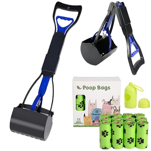 Poop Scooper for Dogs with 180 Waste Bags – Heavy Duty Long Handle Poop Picker Upper for Dogs – Portable Pet Waste Scooper with Extra Bags for Easy Clean Up (Pooper Scooper/180 Waste Bags)