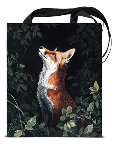 KSFFWQIN Aesthetic Fox Print Canvas Tote Bag for Women Botanical Fox Pattern Dark Academia Reusable Grocery Shoulder Bag for Shopping Work Travel Gym Beach