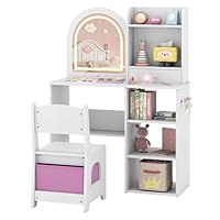 COSTWAY Kids Dressing Table, Girls Vanity Set with Stool, 3-Color LED Lights Mirror, Storage Shelves, Fabric Drawer, Make Up Pretend Dresser Desk Chair Set for Toddlers (White)