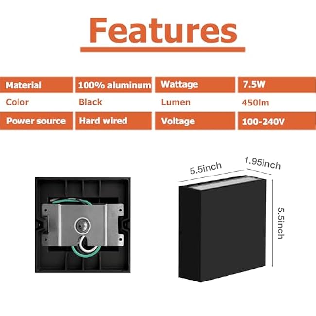 Modern LED Wall Sconce Outdoor Up Down Wall Lamp, Black Aluminum Waterproof Wall Lights Exterior Light Fixtures 450LM 3000K Hallway Wall Lighting for Porch Front Door Garden Yard Patio