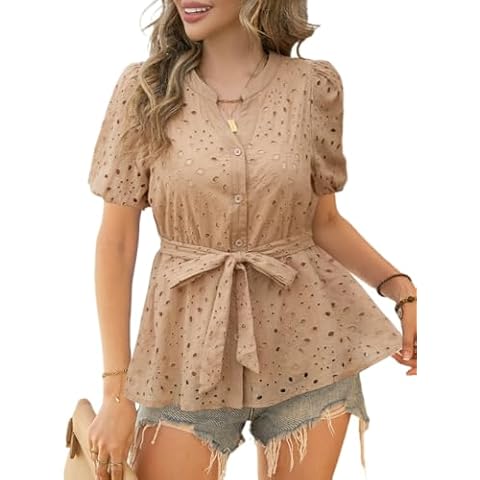 CiCiBird Women Dressy Button Blouses Puff Short Sleeve Tops Elegant Peplum Tie Front Shirt Eyelet Lace Embroidered Top Apricot S Cover