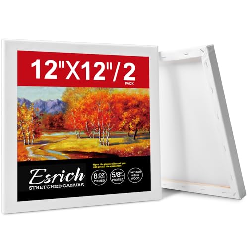 ESRICH Stretched Canvas for Painting 12x12 Inch 2 Pack Blank Canvas -5/8 in Profile Primed Cotton White Canvases for Painting for Oil & Acrylic Paint