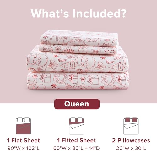 Image of Intelligent Design Flannel Sheets Queen, Cozy Soft 100% Cotton Flannel Bedding, Printed Warm Queen Sheets Set, Ultra Soft Cold Weather Bed Sheet Set, Holiday Doodles, 4 Piece