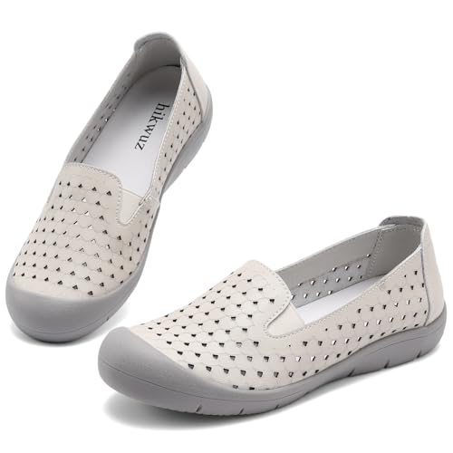 Image of Women's Summer Slip On Loafers, Breathable Perforated Hollow Cutout Flats, Comfortable Vegan Leather Walking Work Shoes for Women, Heart Floral Geometric Pattern Soft Sole Casual Summer Footwear