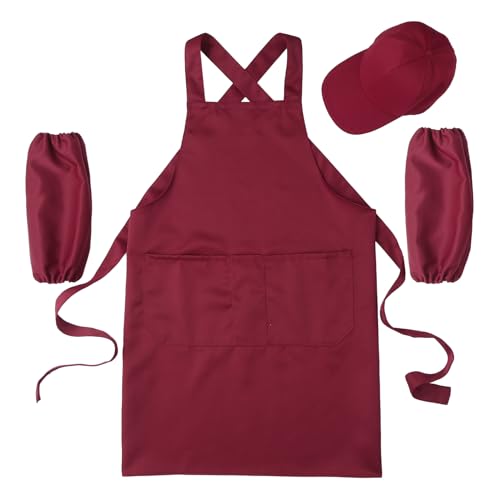 Eandarui Minimalist Chef Apron, Hat, Sleeve Covers - Ideal for Coffee Shops & Catering Services Burgundy One Size