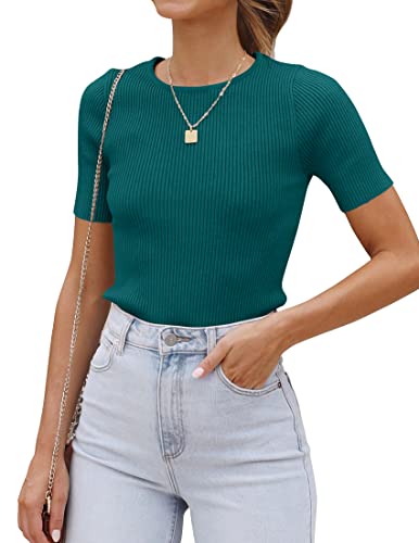 Image of ZESICA Women's Short Sleeve Sweater Tops 2026 Summer Crewneck Basic T Shirt