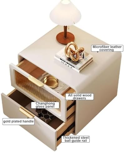 Modern Blue Wood Bedside Table with Leather Wrap, 2-Tier Storage Drawer, Steel Ball Tracks, Minimalist Multi-Purpose Side Table for Bedroom, Living Room (45 cm)