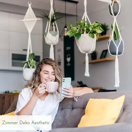 Makramee Blumenampel Hängend Innen, 4er Set Boho Deko Makramee Hängeampel mit Haken, Baumwollseil Blumentopf Hängend, Boho Zimmer Deko Aesthetic, Hängepflanzen Topf für Balkon Fenster Deko (Creme)