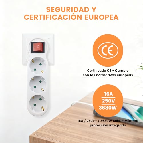 Miniatura 7 de Ladrón De Enchufes Triple Plano, Regleta 3 Tomas Con Interruptor Y Luz Indicadora, 16a 250v, 3680w, Compacta Para Pared, Enchufe Múltiple Para Oficina Salón Dormitorio Cocina