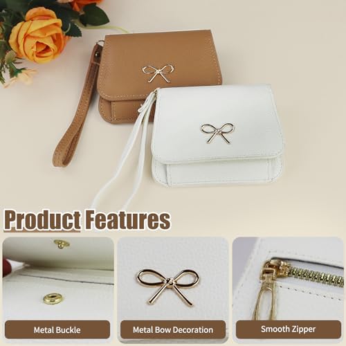 Andiker Card Wallets for Women, Bifold Cute Bow Coin Purse, Wristlet Wallet with 1 ID Flip Window and 1 Zipper Pocket (White)3