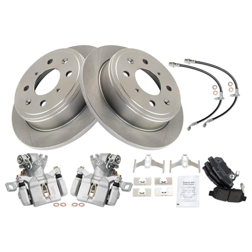 Image of TRQ Rear Brake Pad and Rotor Set Semi Metallic Rotors Calipers Hardware Hoses Compatible with 1994 Acura Integra