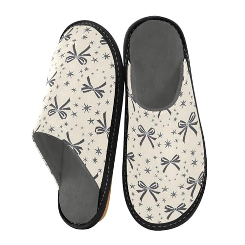 Slippers for Women Bows Stars Gray Pattern Soft Winter Warm Shoes Indoor Outdoor Non-Slip House Travel Slippers
