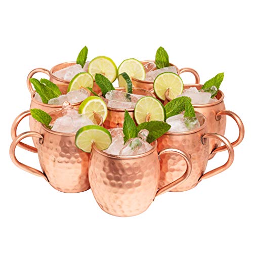 Kitchen Science Moscow Mule Copper Mugs Set of 8 (16oz) | Food Grade 100% Pure Copper Cups | Handcrafted w/ Lacquered Hammered Finish, Smooth Rounded Lip, Ergonomic Handle (No Rivet) w/ Solid Grip