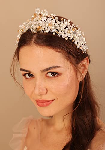 Kercisbeauty Handmade Beaded Silver Hair Tiara for Women Wedding Bridal Hair Accessories Pearl Crystal Hair Jewelry for Prom Banquet Party