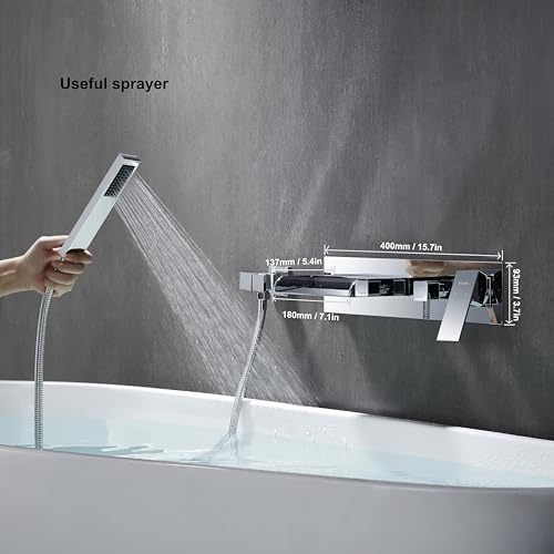 RIGOBAL Waterfall Wall Mount Tub Filler Bathtub Faucet with Sprayer chrome High Flow Rate 11.9GAL Roman Mounted Faucets with Hand Shower by RIGOBAL - Used condition - Image 6