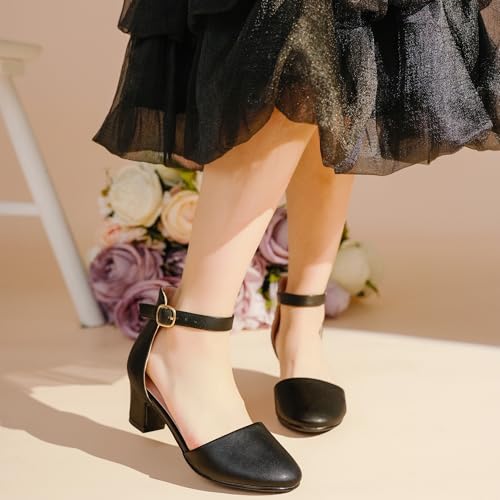 Image of LAURMOSA Girls Dress Shoes Closed Toe Pumps High Heels for Little Big Kid | Flower Shoes for Girls, 1.75-inch Chunky Heel, Ankle Strap, Closed Toe, Wedding, Party, Church, Graduation, First Communion