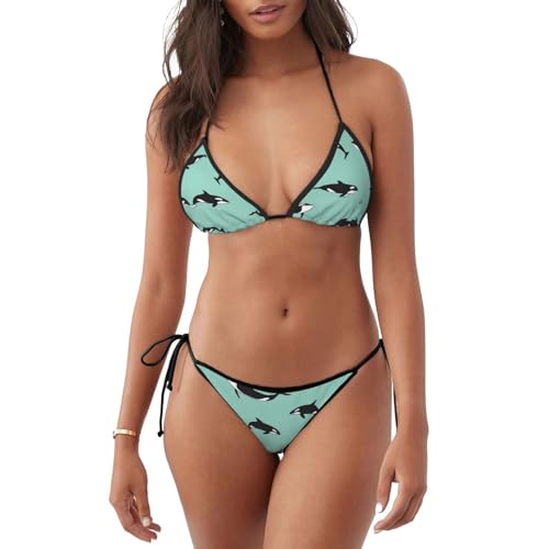 Conjunto de bikini de dos piezas con estampado de ballena del océano Pacífico para mujer, diseño de lazo en la espalda para fiestas en la playa y actividades de verano, Negro, XL